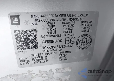 2018 GMC Acadia Sle-2 z USA, uszkodzony, nr VIN 1GKKNSLS1JZ246642